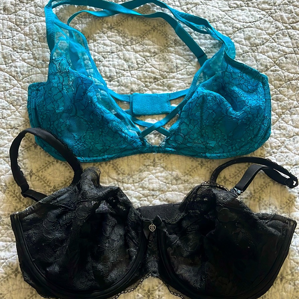Victoria's Secret Teal Lace Bralette & Black Lace Underwire Bra